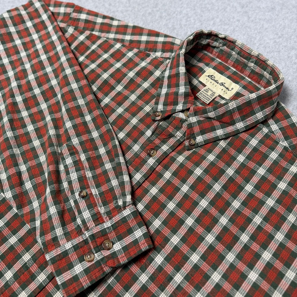 Eddie Bauer Mens XXL Plaid Button Down Shirt Red Green Cotton Long Sleeve